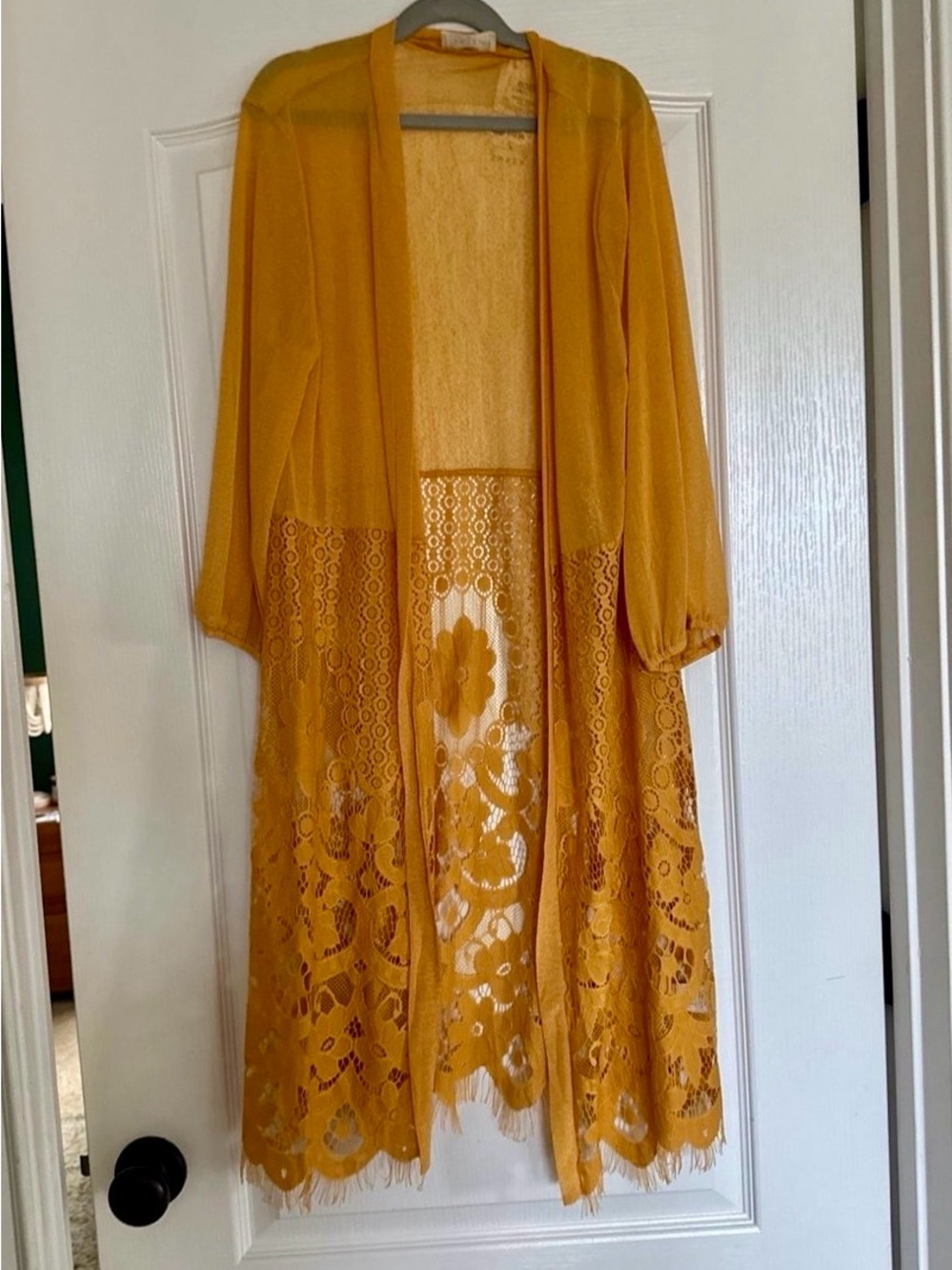 Mustard Lace Duster Cape - Women's Open-Front Layer